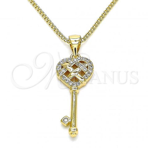 Oro Laminado Pendant Necklace, Gold Filled Style key and Heart Design, with White Micro Pave, Polished, Golden Finish, 04.342.0018.20