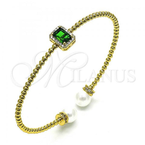 Oro Laminado Individual Bangle, Gold Filled Style Ball Design, with Green Cubic Zirconia and Ivory Pearl, Polished, Golden Finish, 07.228.0001.1