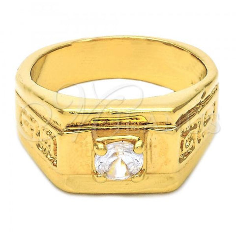 Oro Laminado Mens Ring, Gold Filled Style Solitaire and Greek Key Design, with White Cubic Zirconia, Diamond Cutting Finish, Golden Finish, 5.175.026.06 (Size 6)