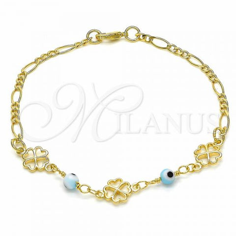 Oro Laminado Fancy Bracelet, Gold Filled Style Evil Eye and Heart Design, Blue Polished, Golden Finish, 03.09.0066.07