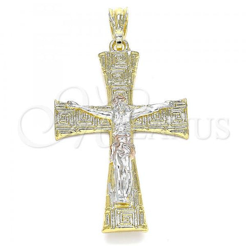 Oro Laminado Religious Pendant, Gold Filled Style Crucifix and Greek Key Design, Polished, Tricolor, 05.351.0028.1