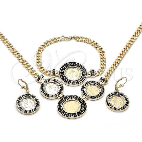 Oro Laminado Necklace, Bracelet and Earring, Gold Filled Style Miami Cuban and Greek Key Design, Black Enamel Finish, Golden Finish, 06.372.0073