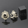 Oro Laminado Leverback Earring, Gold Filled Style Flower Design, with Black Cubic Zirconia, Diamond Cutting Finish, Golden Finish, 5.127.051.1