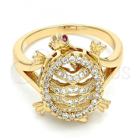 Oro Laminado Multi Stone Ring, Gold Filled Style Turtle Design, with White and Ruby Micro Pave, Polished, Golden Finish, 01.100.0001.07 (Size 7)