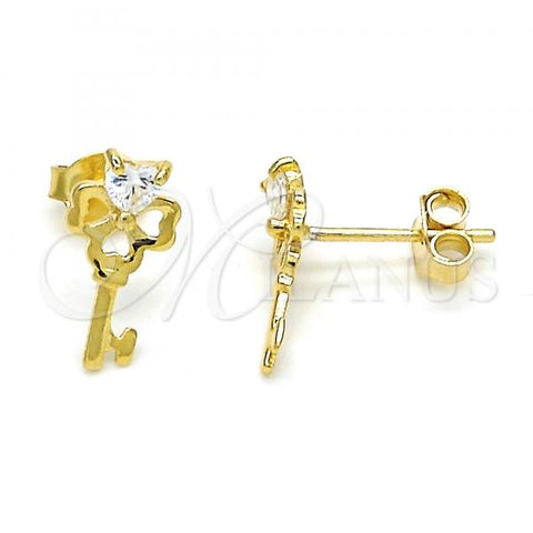 Sterling Silver Stud Earring, key and Heart Design, with White Cubic Zirconia, Polished, Golden Finish, 02.285.0072