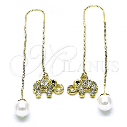Oro Laminado Threader Earring, Gold Filled Style Elephant Design, with White and Black Micro Pave, Polished, Golden Finish, 02.210.0817.1