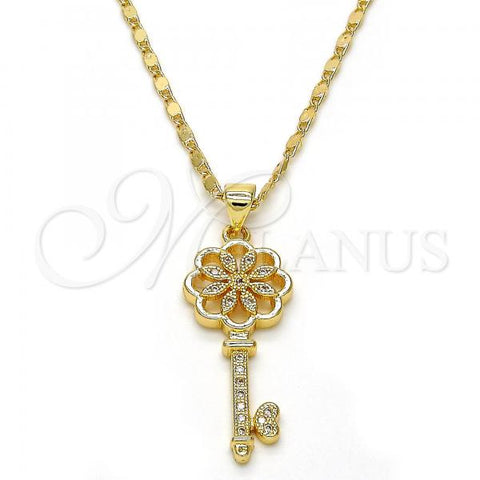 Oro Laminado Pendant Necklace, Gold Filled Style key and Flower Design, with White Micro Pave, Polished, Golden Finish, 04.156.0066.20