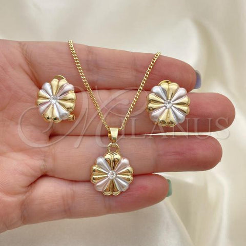 Oro Laminado Earring and Pendant Adult Set, Gold Filled Style Flower Design, with White Crystal, Polished, Tricolor, 10.361.0005