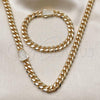 Oro Laminado Necklace and Bracelet, Gold Filled Style Miami Cuban Design, with White Cubic Zirconia, Polished, Golden Finish, 06.156.0003
