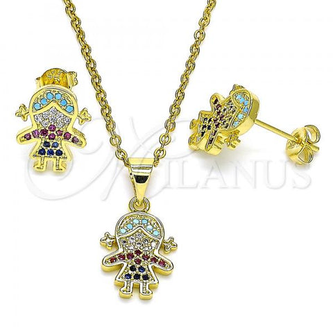 Oro Laminado Earring and Pendant Adult Set, Gold Filled Style Little Girl Design, with Multicolor Micro Pave, Polished, Golden Finish, 10.207.0001