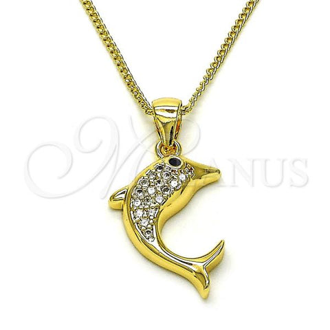 Oro Laminado Pendant Necklace, Gold Filled Style Dolphin Design, with White and Black Micro Pave, Polished, Golden Finish, 04.344.0042.18