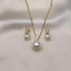 Oro Laminado Earring and Pendant Adult Set, Gold Filled Style Ball Design, with Ivory Pearl and White Micro Pave, Polished, Golden Finish, 10.195.0061