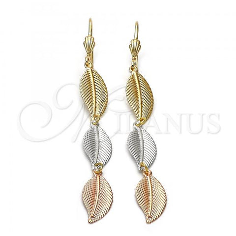 Oro Laminado Long Earring, Gold Filled Style Leaf Design, Diamond Cutting Finish, Tricolor, 5.075.004.1