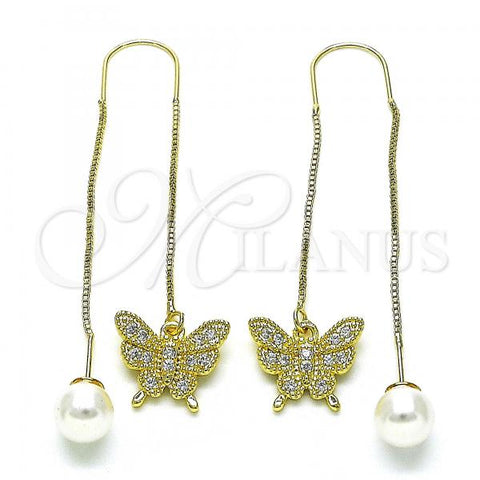 Oro Laminado Threader Earring, Gold Filled Style Butterfly Design, with White Micro Pave, Polished, Golden Finish, 02.210.0815