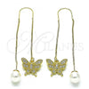 Oro Laminado Threader Earring, Gold Filled Style Butterfly Design, with White Micro Pave, Polished, Golden Finish, 02.210.0815