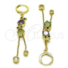 Oro Laminado Long Earring, Gold Filled Style Owl and Box Design, with Amethyst and Peridot Cubic Zirconia, Polished, Golden Finish, 02.316.0089