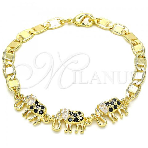 Oro Laminado Fancy Bracelet, Gold Filled Style Elephant Design, with Black and White Cubic Zirconia, Polished, Golden Finish, 03.63.2131.2.07
