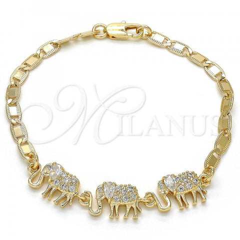 Oro Laminado Fancy Bracelet, Gold Filled Style Elephant Design, with White Cubic Zirconia, Polished, Golden Finish, 03.63.1990.08