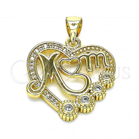Oro Laminado Fancy Pendant, Gold Filled Style Mom and Heart Design, with White Micro Pave, Polished, Golden Finish, 05.342.0020