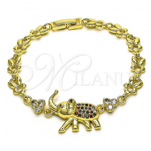 Oro Laminado Fancy Bracelet, Gold Filled Style Elephant and Leaf Design, with Multicolor Micro Pave and White Cubic Zirconia, Polished, Golden Finish, 03.284.0025.1.07