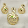 Oro Laminado Earring and Pendant Adult Set, Gold Filled Style Music Note Design, with Green and White Cubic Zirconia, Polished, Golden Finish, 10.59.0142