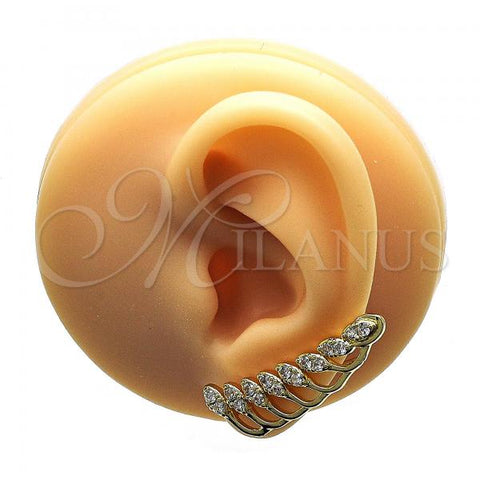 Oro Laminado Earcuff Earring, Gold Filled Style Leaf Design, with White Cubic Zirconia, Polished, Golden Finish, 02.210.0738