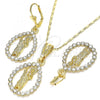 Oro Laminado Earring and Pendant Adult Set, Gold Filled Style San Judas and Teardrop Design, with White Crystal, Polished, Golden Finish, 10.351.0013