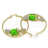 Oro Laminado Large Hoop, Gold Filled Style Elephant and Heart Design, with White and Black Crystal, Green Resin Finish, Golden Finish, 02.380.0051.7.50