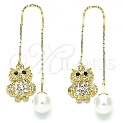 Oro Laminado Threader Earring, Gold Filled Style Owl Design, with White and Black Crystal, Polished, Golden Finish, 02.380.0030