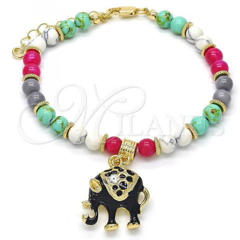 Oro Laminado Charm Bracelet, Gold Filled Style Elephant Design, with White Crystal, Black Enamel Finish, Golden Finish, 03.63.1909.3.08