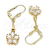 Oro Laminado Long Earring, Gold Filled Style Flower and Star Design, with White Cubic Zirconia, Polished, Golden Finish, 02.387.0051.1