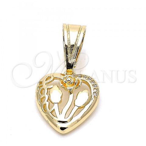 Oro Laminado Fancy Pendant, Gold Filled Style Heart and Flower Design, with White Cubic Zirconia, Polished, Golden Finish, 05.120.0089