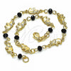 Oro Laminado Fancy Anklet, Gold Filled Style Elephant Design, with Black Crystal, Black Polished, Golden Finish, 03.32.0208.10