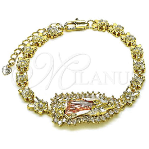 Oro Laminado Solid Bracelet, Gold Filled Style Guadalupe and Flower Design, with White Cubic Zirconia, Polished, Tricolor, 03.411.0006.1.08