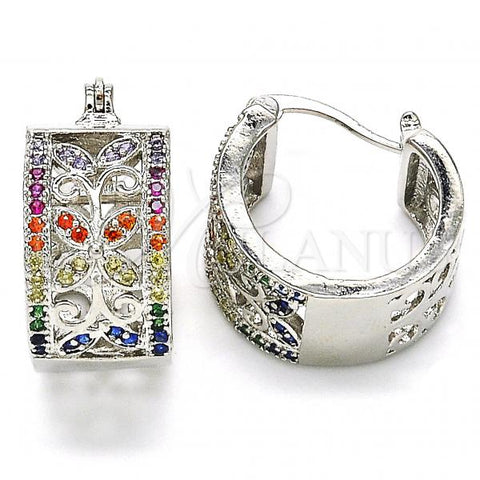 Rhodium Plated Small Hoop, Flower and Leaf Design, with Multicolor Cubic Zirconia, Polished, Rhodium Finish, 02.210.0293.6.20