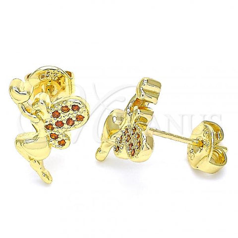 Oro Laminado Stud Earring, Gold Filled Style Angel and Heart Design, with Garnet Micro Pave, Polished, Golden Finish, 02.156.0462.2