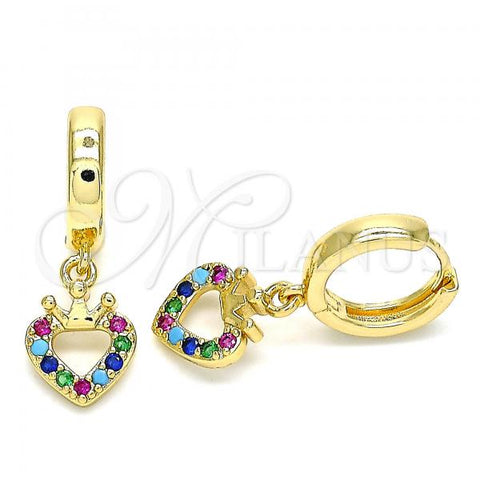 Oro Laminado Huggie Hoop, Gold Filled Style Heart and Crown Design, with Multicolor Micro Pave, Polished, Golden Finish, 02.210.0537.1.15
