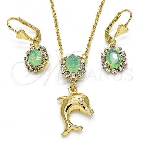 Oro Laminado Earring and Pendant Adult Set, Gold Filled Style Dolphin Design, with Chrysolite Opal and White Crystal, Polished, Golden Finish, 10.122.0008.2