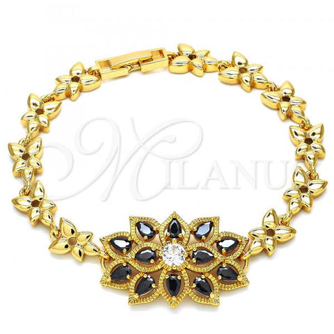 Oro Laminado Fancy Bracelet, Gold Filled Style Teardrop Design, with Black and White Cubic Zirconia, Polished, Golden Finish, 03.210.0106.07