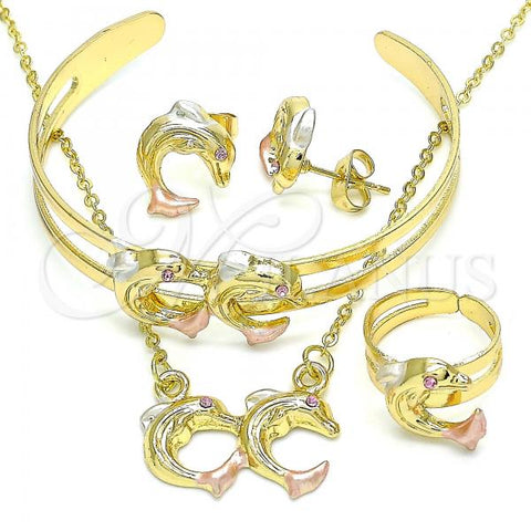 Oro Laminado Necklace, Bracelet, Earring and Ring, Gold Filled Style Dolphin Design, with Pink Crystal, Polished, Tricolor, 06.361.0021
