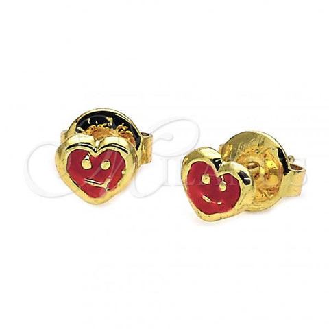 Oro Laminado Stud Earring, Gold Filled Style Heart and Smile Design, Red Enamel Finish, Golden Finish, 5.126.094 *PROMO*