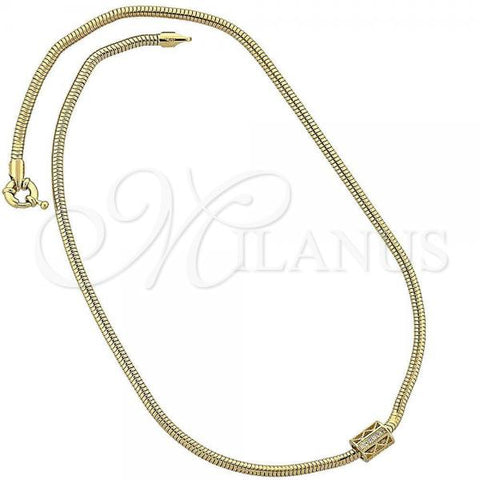 Oro Laminado Pendant Necklace, Gold Filled Style Rat Tail Design, with White Micro Pave, Polished, Golden Finish, 04.63.0009