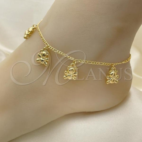 Oro Laminado Charm Anklet , Gold Filled Style Teddy Bear and Figaro Design, Polished, Golden Finish, 03.32.0609.10