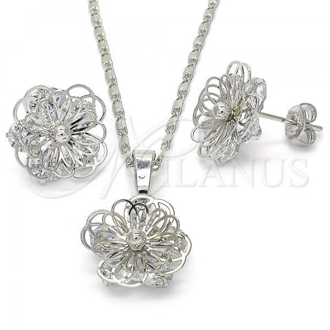 Rhodium Plated Earring and Pendant Adult Set, Flower Design, with White Cubic Zirconia, Polished, Rhodium Finish, 10.106.0001.1