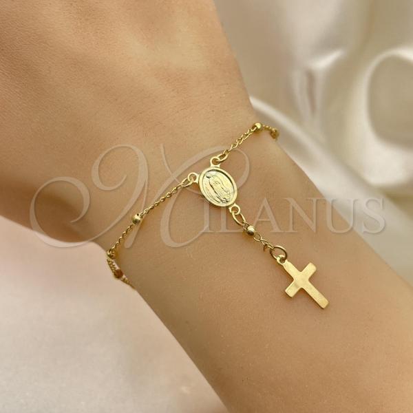 Oro Laminado Bracelet Rosary, Gold Filled Style Guadalupe and Cross Design, Polished, Golden Finish, 09.12.0003.08