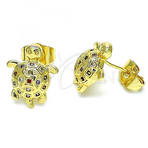 Oro Laminado Stud Earring, Gold Filled Style Turtle Design, with Multicolor Micro Pave, Polished, Golden Finish, 02.284.0047