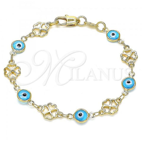 Oro Laminado Fancy Bracelet, Gold Filled Style Evil Eye and Four-leaf Clover Design, Turquoise Resin Finish, Golden Finish, 03.326.0011.3.06