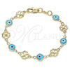Oro Laminado Fancy Bracelet, Gold Filled Style Evil Eye and Four-leaf Clover Design, Turquoise Resin Finish, Golden Finish, 03.326.0011.3.06