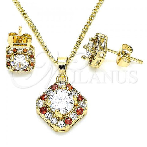 Oro Laminado Earring and Pendant Adult Set, Gold Filled Style with Garnet and White Micro Pave, Polished, Golden Finish, 10.344.0016.1