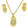 Oro Laminado Earring and Pendant Adult Set, Gold Filled Style Pineapple Design, with White Micro Pave, Polished, Golden Finish, 10.342.0002